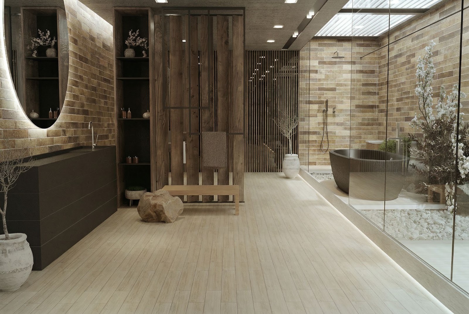 ลายไม้โทนน้ำตาลแดง และผนังอิฐ