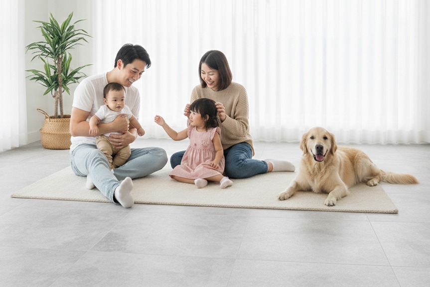 ครอบครัวอาศัยในบ้านอย่างมีความสุขเพราะสีพื้นกระเบื้องที่ใช่