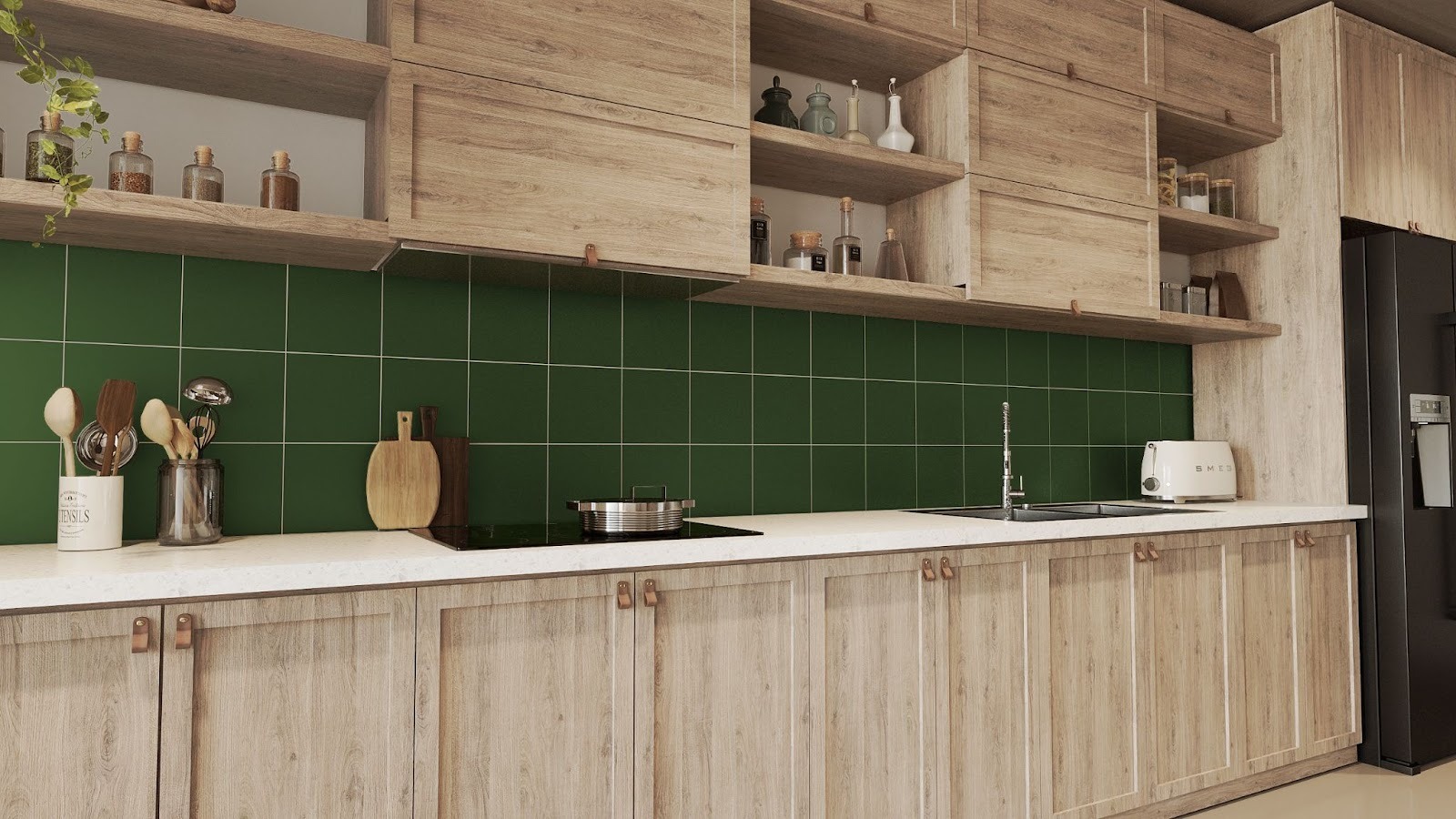 กระเบื้องผนังครัวสีเขียว ทำให้ห้องครัวดูสวย สบายตา ลดความเครียดระหว่างทำอาหารได้