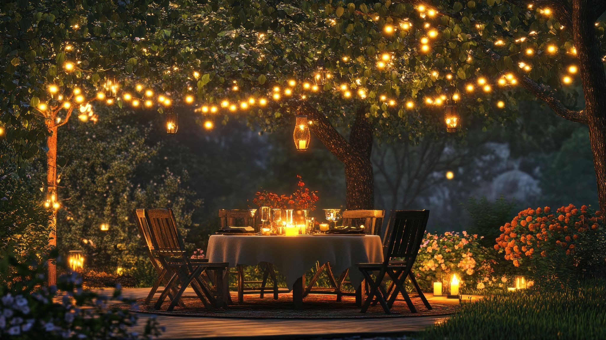 การจัดสวนด้วยตัวเอง แขวนไฟประดับหรือโคมไฟเพิ่มบรรยากาศตอนกลางคืน