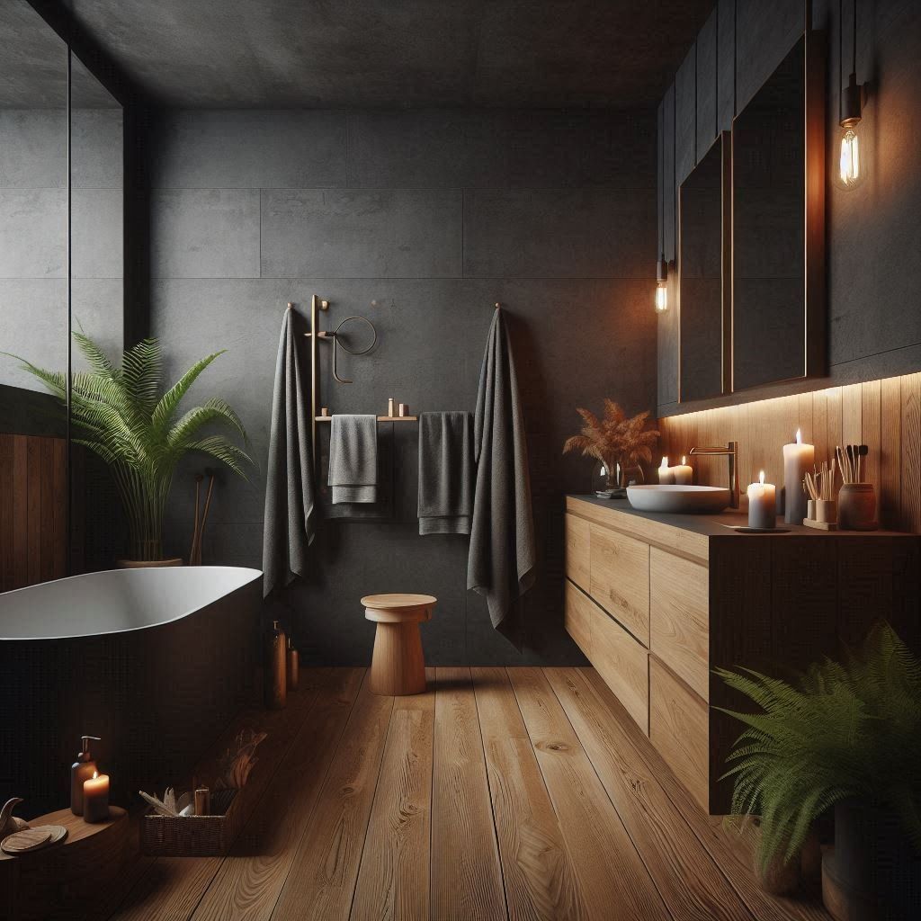 ตัวอย่างห้องน้ำที่ปูกระเบื้องพื้นเรียบสีเข้ม + ผนังลายไม้ธรรมชาติ