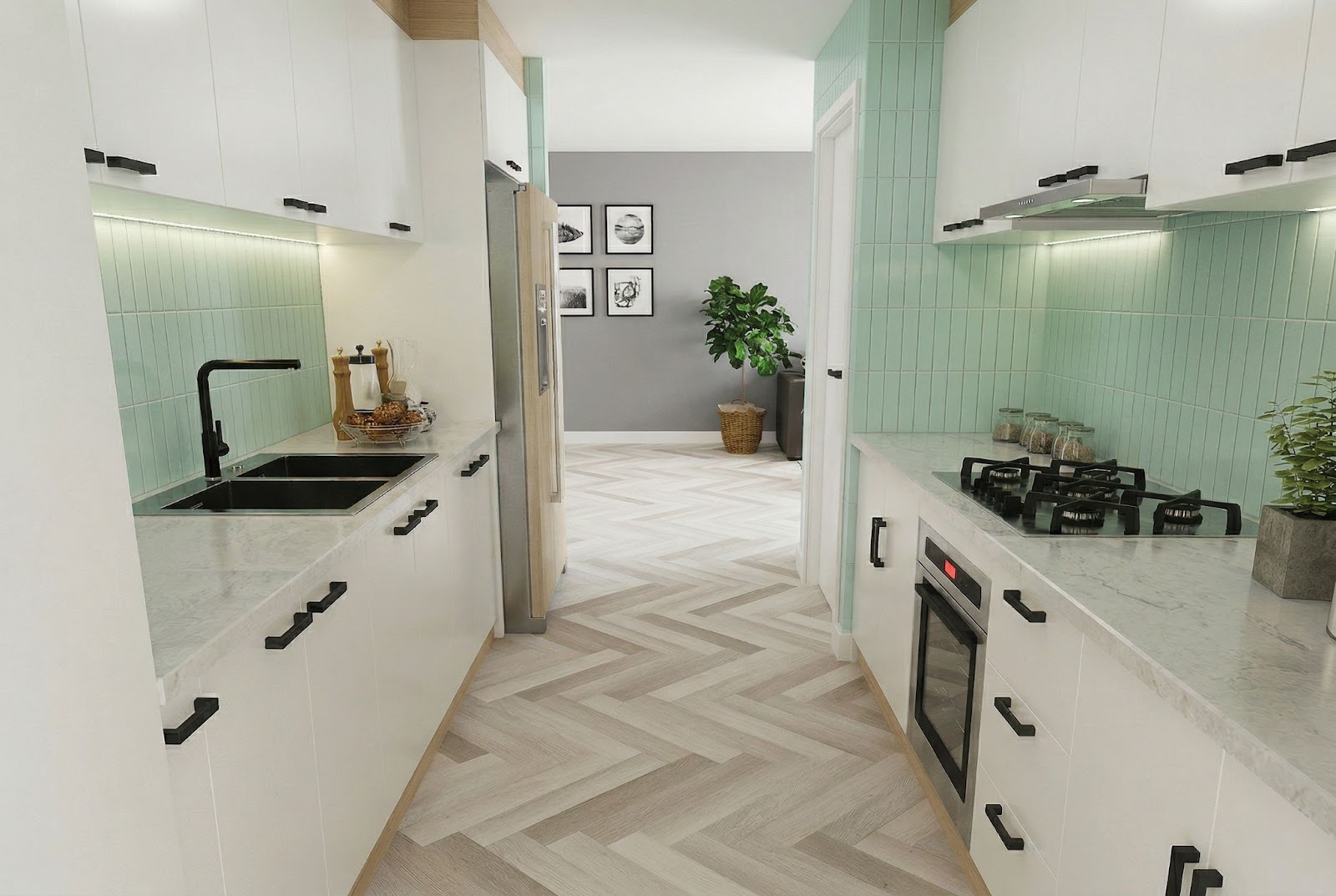 3. ลายไม้ก้างปลา และผนังสีเขียวอ่อน