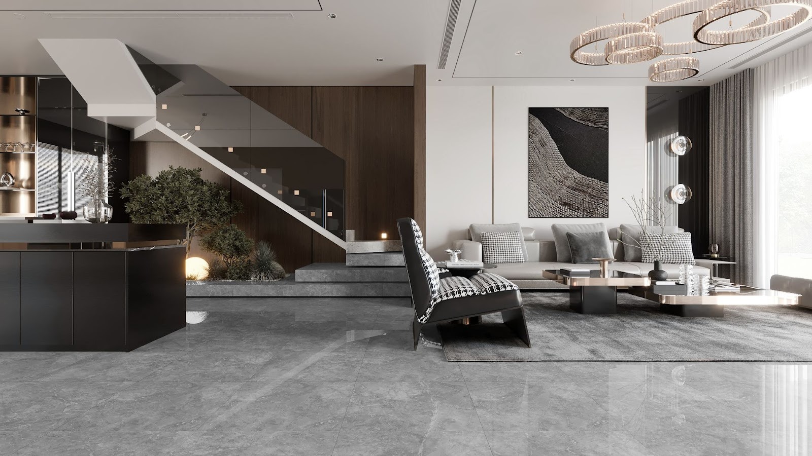 9. กระเบื้องลายหินสีเทา และโซฟาผ้า