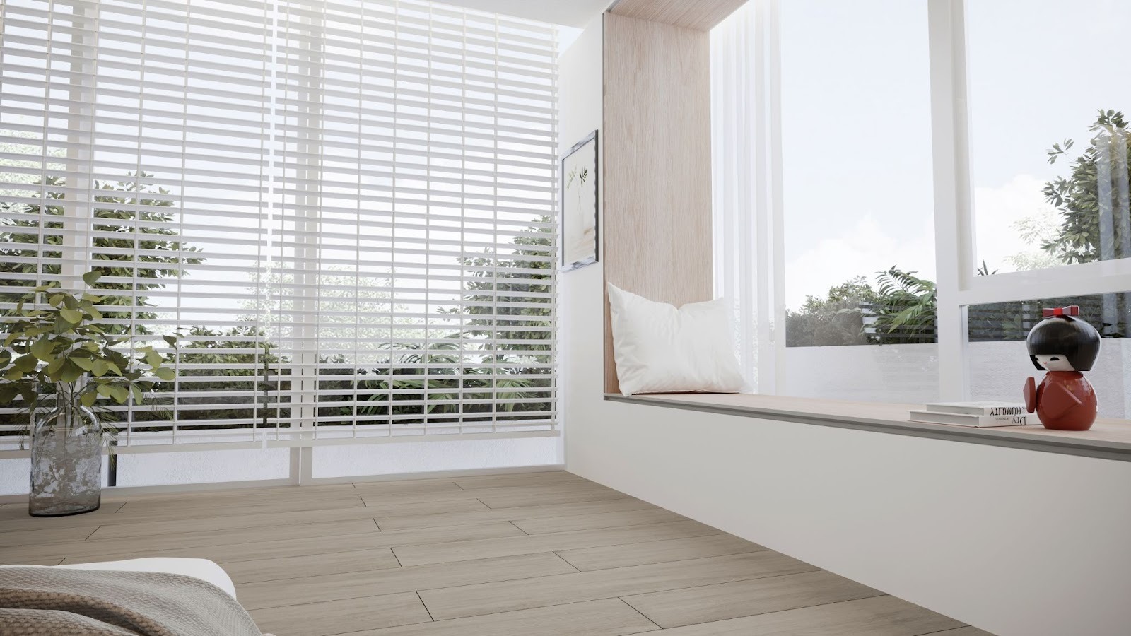 กระเบื้องลายไม้โทนอ่อน และผนังขาว