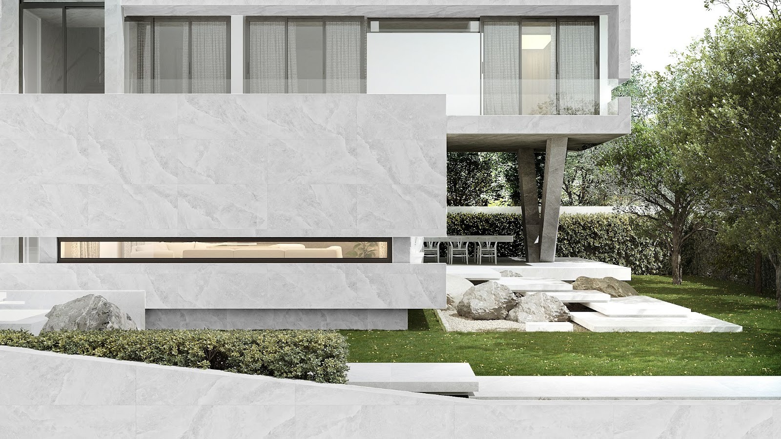 บรรยากาศภายนอกบ้านที่ใช้กระเบื้องปูพื้นผิวหยาบ ไม่ลื่น